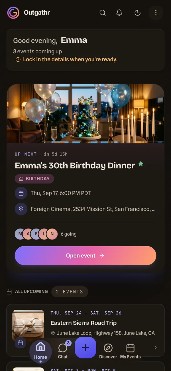 The Outgathr home screen, showing the next event, who is going and upcoming plans