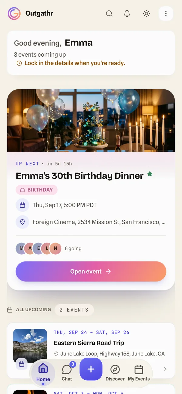 Outgathr home screen with the next event and the date, place and guest list