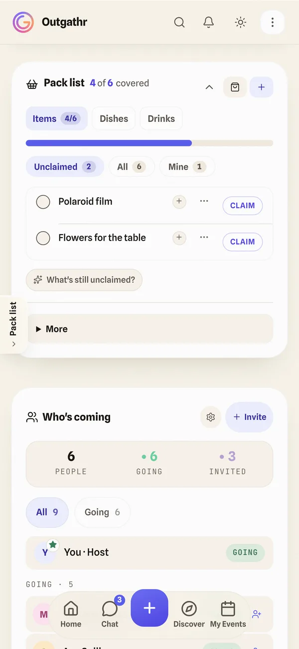 A shared pack list where guests claim items for the party